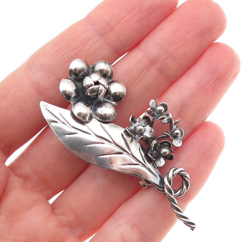925 Sterling Silver Vintage Floral Oxidized Handmade Pin Brooch